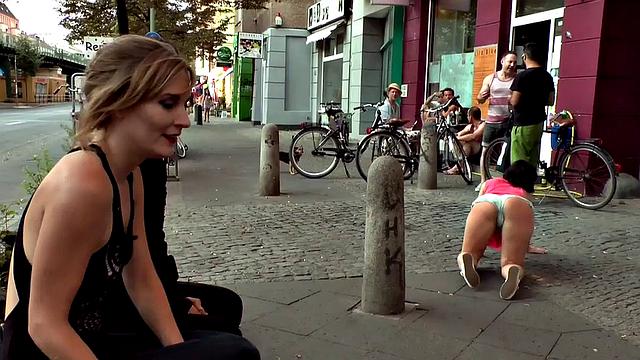 Busty german humiliated outside before cock riding