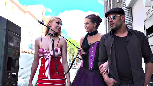 Public BDSM anal babe fucked and facialized in front of voyeurs