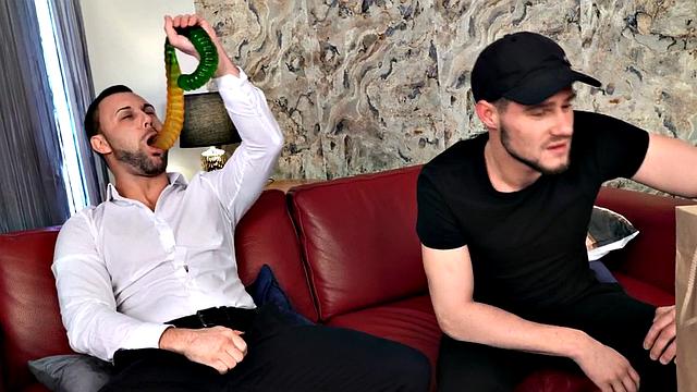 Dominant jock fucks ballgagged stud in greedy ass