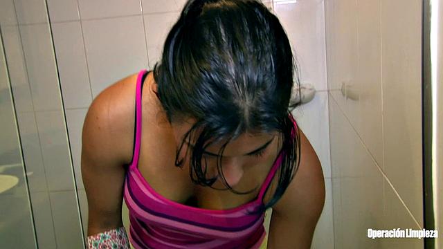 Cleaning lady drenched in oil and ppunded