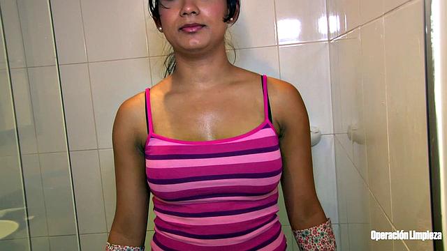 Cleaning lady drenched in oil and ppunded