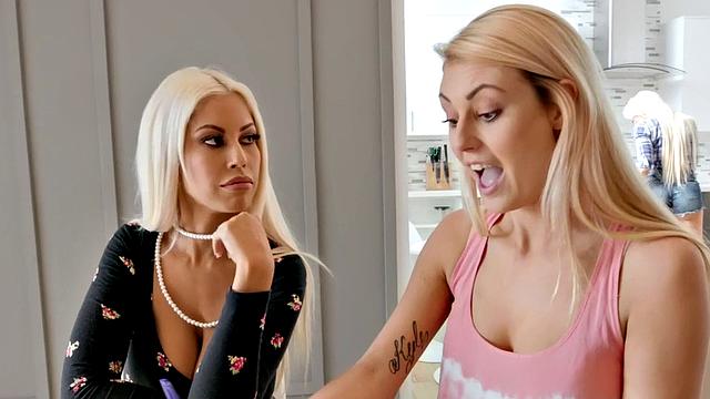 Stepmom & blonde girlfriend go wild licking each other's big tits and pussy in a steamy threesome