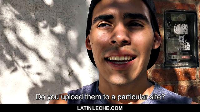 Horny cameraman pays Latin stud to stroke, suck, and take cock