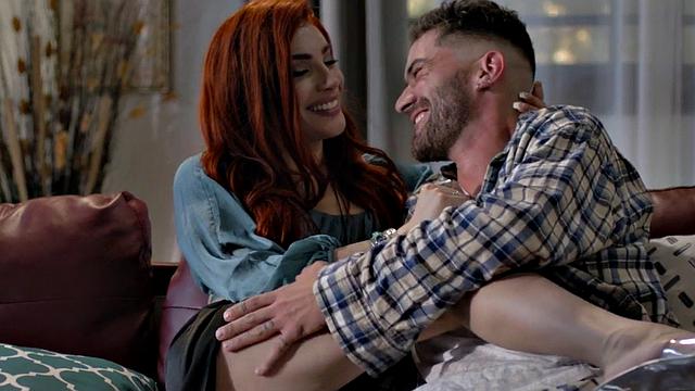 Redhead small titted tranny barebacked by BF on couch