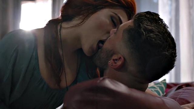 Redhead small titted tranny barebacked by BF on couch