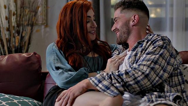 Redhead small titted tranny barebacked by BF on couch