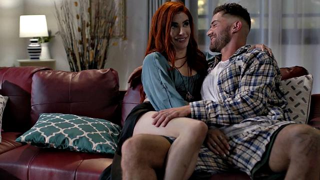 Redhead small titted tranny barebacked by BF on couch