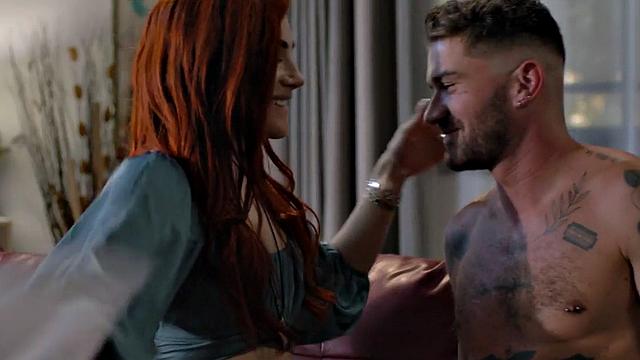 Redhead small titted tranny barebacked by BF on couch