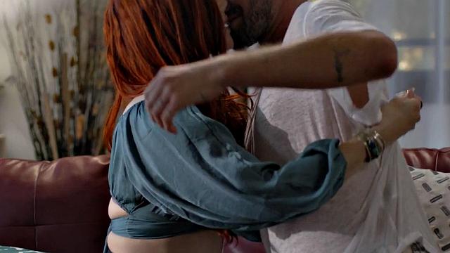 Redhead small titted tranny barebacked by BF on couch