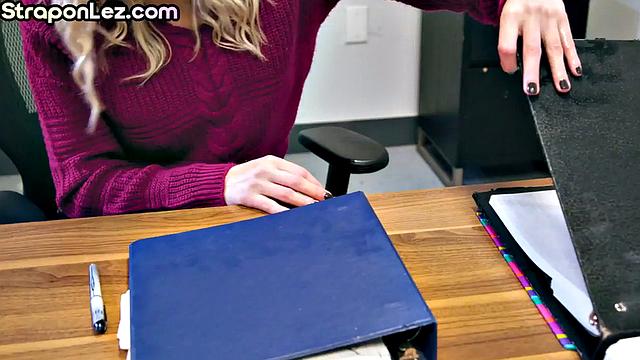 Big-titted lesbo pussylicking in office