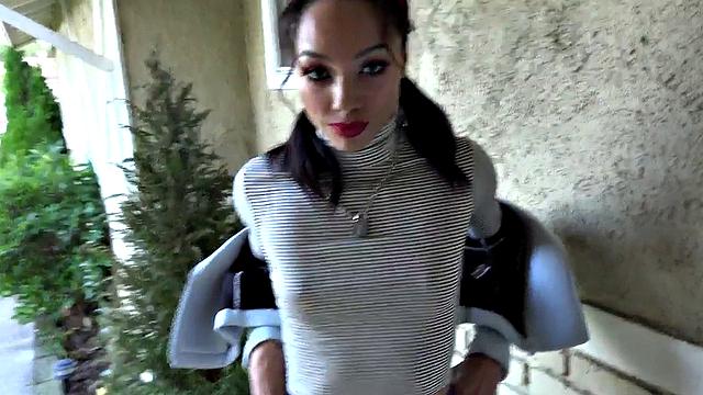 Obedient small boobs Ebony fucked in oiled pussy by neighbor