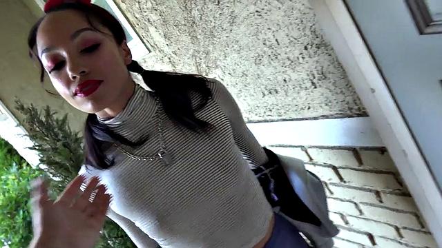 Obedient small boobs Ebony fucked in oiled pussy by neighbor