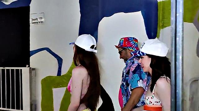 21yo inked babes fucked in threesome by old dude