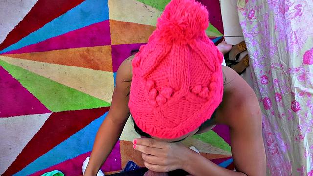 A tattooed chick give a wild handjob & blowjob while getting her bald pussy pierced in reverse cowgirl position