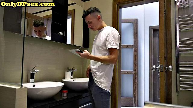 Busty babe sucking 2 dicks at the same time