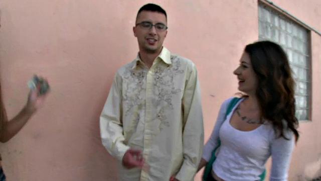 A tattooed babe pleasure herself with a wild threesome while wearing shorts and glasses