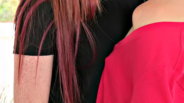 Redhead and bald pussy get wet and wild in an indoor threesome