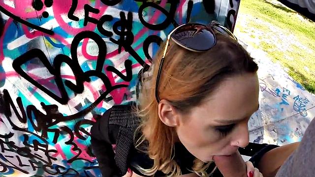 Big-titted babe picked up and fucked in public before taking it cowgirl