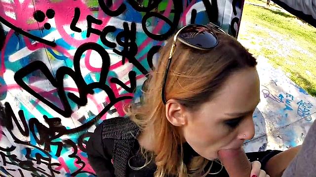 Big-titted babe picked up and fucked in public before taking it cowgirl