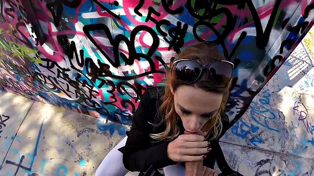 Big-titted babe picked up and fucked in public before taking it cowgirl