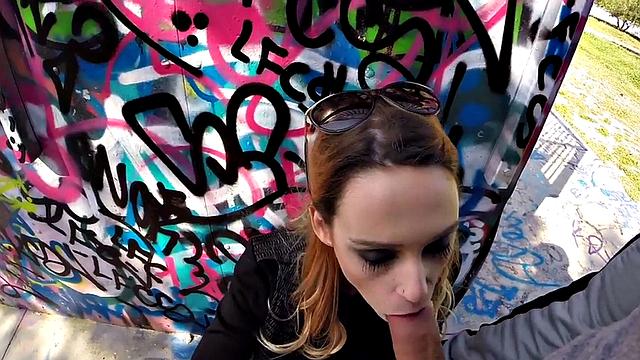 Big-titted babe picked up and fucked in public before taking it cowgirl