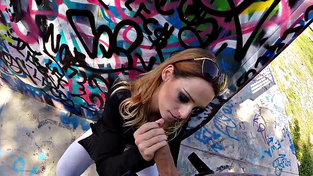 Big-titted babe picked up and fucked in public before taking it cowgirl