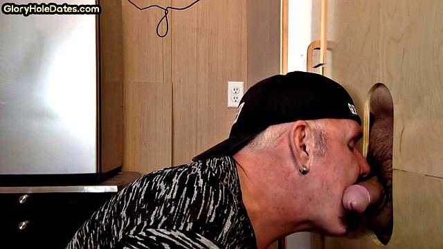 Gloryhole deepthroating DILF sucks lucky dudes cock