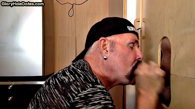 Gloryhole deepthroating DILF sucks lucky dudes cock