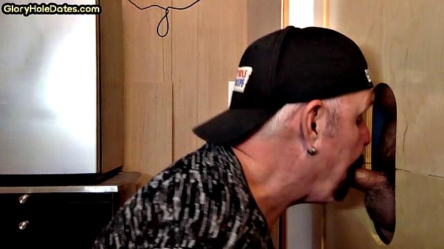 Gloryhole deepthroating DILF sucks lucky dudes cock