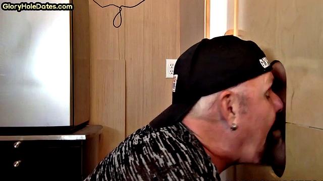 Gloryhole deepthroating DILF sucks lucky dudes cock