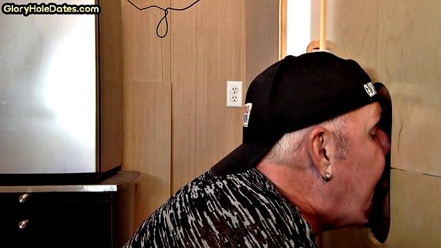 Gloryhole deepthroating DILF sucks lucky dudes cock