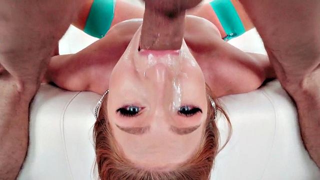 Teasing babe in stockings gagging on BF's cock