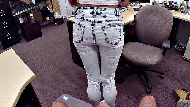 A MILF in denim and heels take a huge white cock doggy-style