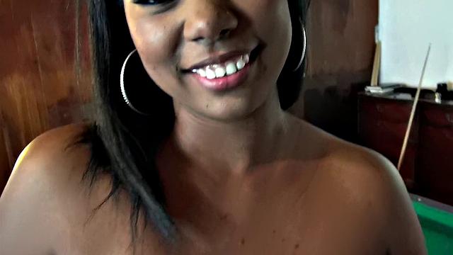 Amateur babe with big tits and black hair takes a wild ride in the billiards room
