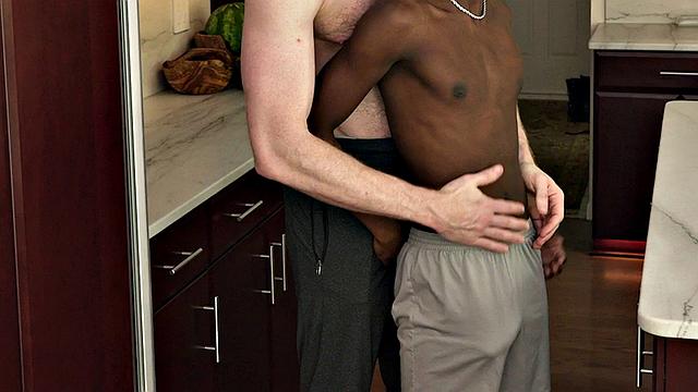 Petite Black twink barebacked in kitchen by white DILF