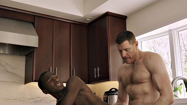 Petite Black twink barebacked in kitchen by white DILF