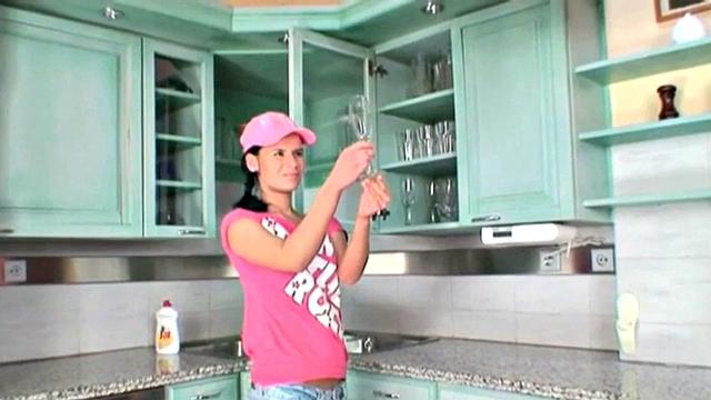 A skinny teen's hairy pussy get stretched by an old man's cock in the kitchen