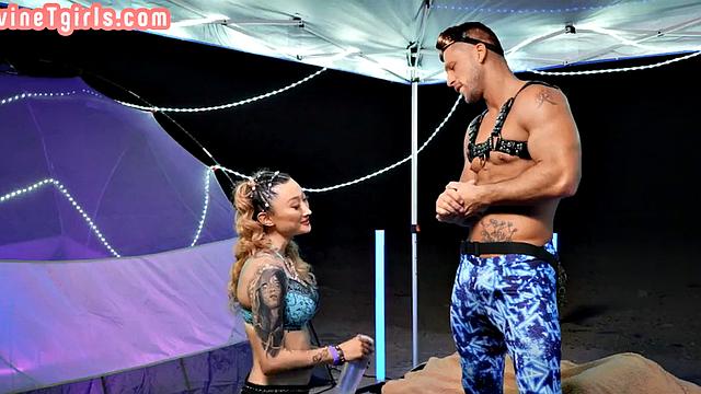 Divine alt TS deepthroating before doggystyle