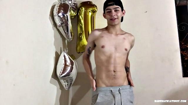 Our featured solo of the week is Latin boy Paul, a skinny and smooth twink, with a bit of the bad boy look going on. The young man stands, wearing only his shorts, which he reveals to release his cock.