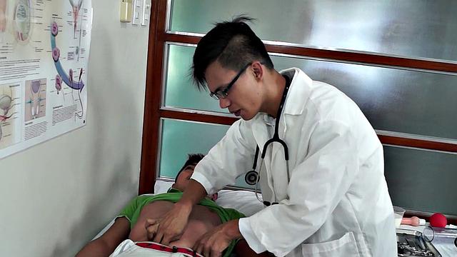 Asian twink takes enema and dildo in ass during medical check