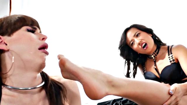 Sub TS strapon fucked by Asian after foot licking