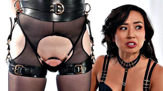 Sub TS strapon fucked by Asian after foot licking