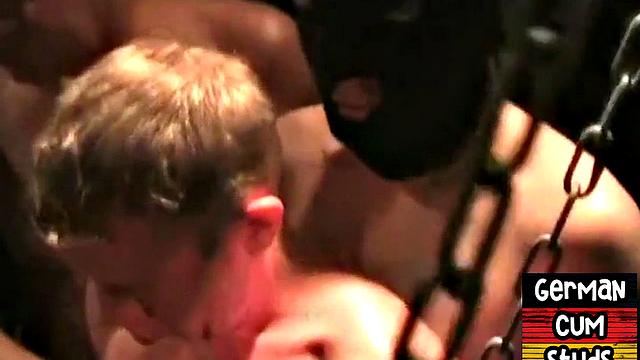 Masked German amateur gangbanged in sling action