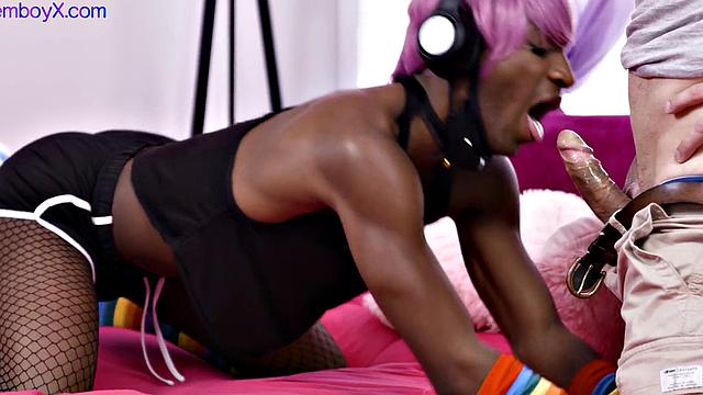 Black femboy with pink wig barebacked by gaydaddy