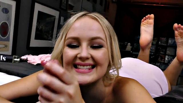 Pantyfetish babe jerks oiled dong while talking dirty