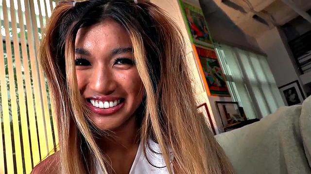 Teasing Asian wanks POV cock and rubs pussy over 