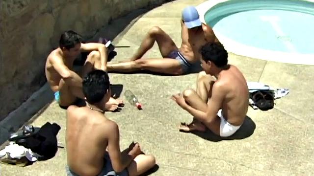 In the first of a two part series, we lpok in on young Latinos playing a game of spin the bottle by the pool. The rule is the loser has to remove an item of clothing.