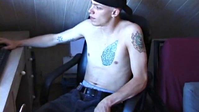 After skateboarding, Shane relaxes and strokes off, finding inspiration on the computer and massaging his dick. He pulls off his shorts, lubes up, and works his cock and balls.