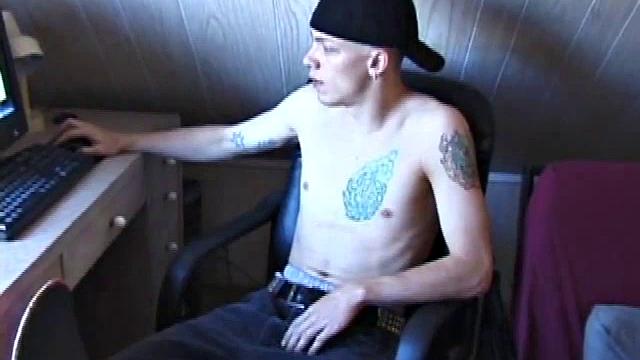 After skateboarding, Shane relaxes and strokes off, finding inspiration on the computer and massaging his dick. He pulls off his shorts, lubes up, and works his cock and balls.