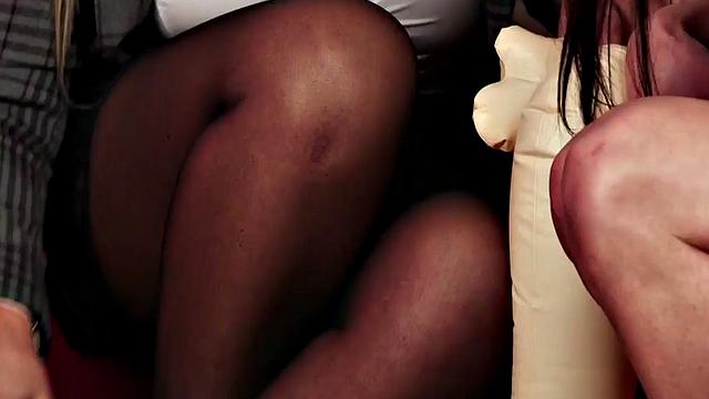 CFNM femdom MILFS teasing sex doll after caught him